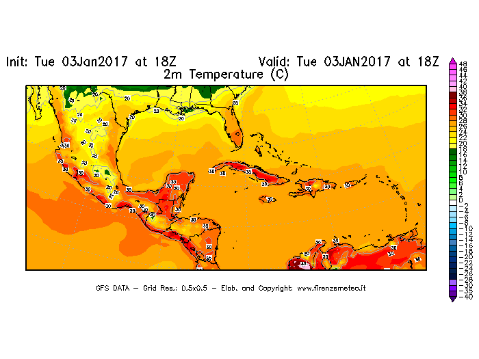 Mappa di analisi GFS - Temperatura a 2 metri dal suolo [°C] in Centro-America
							del 03/01/2017 18 <!--googleoff: index-->UTC<!--googleon: index-->