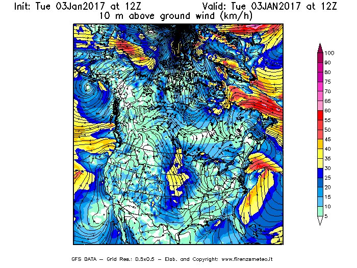 Mappa di analisi GFS - Velocità del vento a 10 metri dal suolo [km/h] in Nord-America
							del 03/01/2017 12 <!--googleoff: index-->UTC<!--googleon: index-->