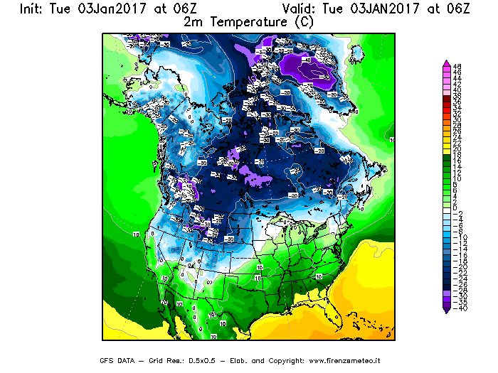 Mappa di analisi GFS - Temperatura a 2 metri dal suolo [°C] in Nord-America
									del 03/01/2017 06 <!--googleoff: index-->UTC<!--googleon: index-->