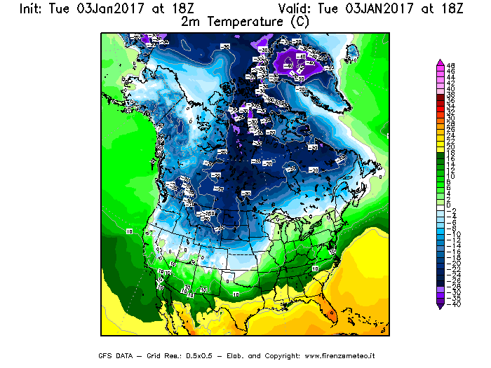 Mappa di analisi GFS - Temperatura a 2 metri dal suolo [°C] in Nord-America
							del 03/01/2017 18 <!--googleoff: index-->UTC<!--googleon: index-->