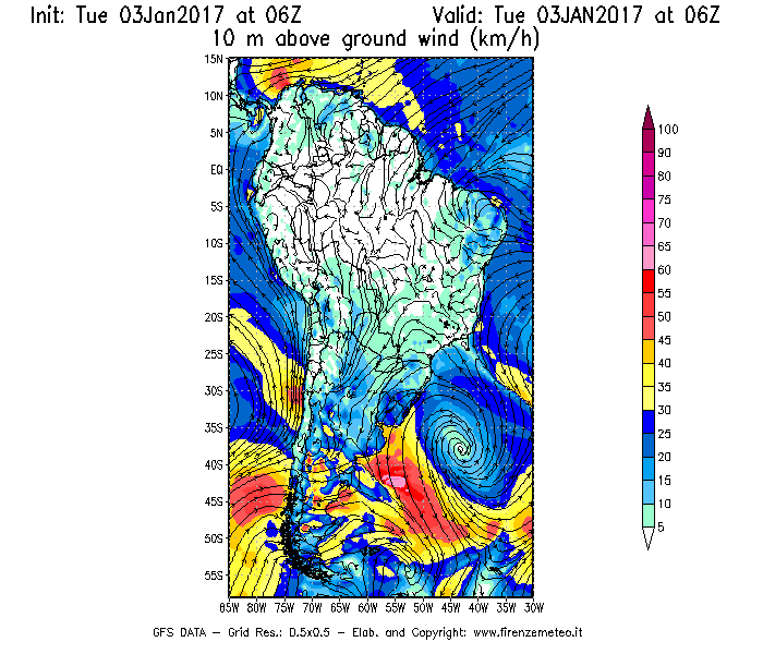 Mappa di analisi GFS - Velocità del vento a 10 metri dal suolo [km/h] in Sud-America
							del 03/01/2017 06 <!--googleoff: index-->UTC<!--googleon: index-->