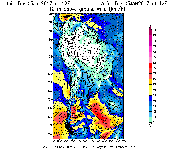 Mappa di analisi GFS - Velocità del vento a 10 metri dal suolo [km/h] in Sud-America
							del 03/01/2017 12 <!--googleoff: index-->UTC<!--googleon: index-->
