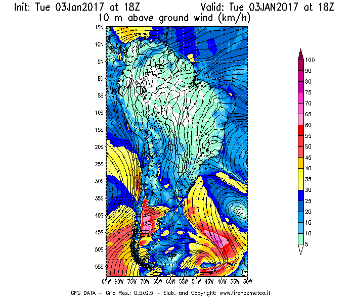 Mappa di analisi GFS - Velocità del vento a 10 metri dal suolo [km/h] in Sud-America
							del 03/01/2017 18 <!--googleoff: index-->UTC<!--googleon: index-->