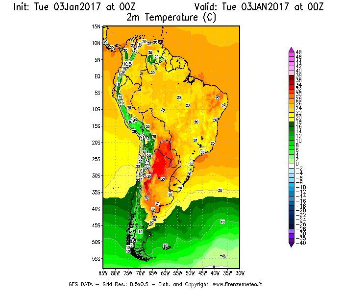 Mappa di analisi GFS - Temperatura a 2 metri dal suolo [°C] in Sud-America
									del 03/01/2017 00 <!--googleoff: index-->UTC<!--googleon: index-->