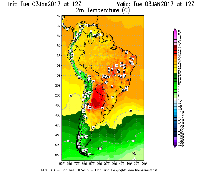 Mappa di analisi GFS - Temperatura a 2 metri dal suolo [°C] in Sud-America
							del 03/01/2017 12 <!--googleoff: index-->UTC<!--googleon: index-->
