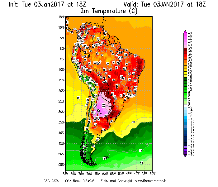 Mappa di analisi GFS - Temperatura a 2 metri dal suolo [°C] in Sud-America
									del 03/01/2017 18 <!--googleoff: index-->UTC<!--googleon: index-->