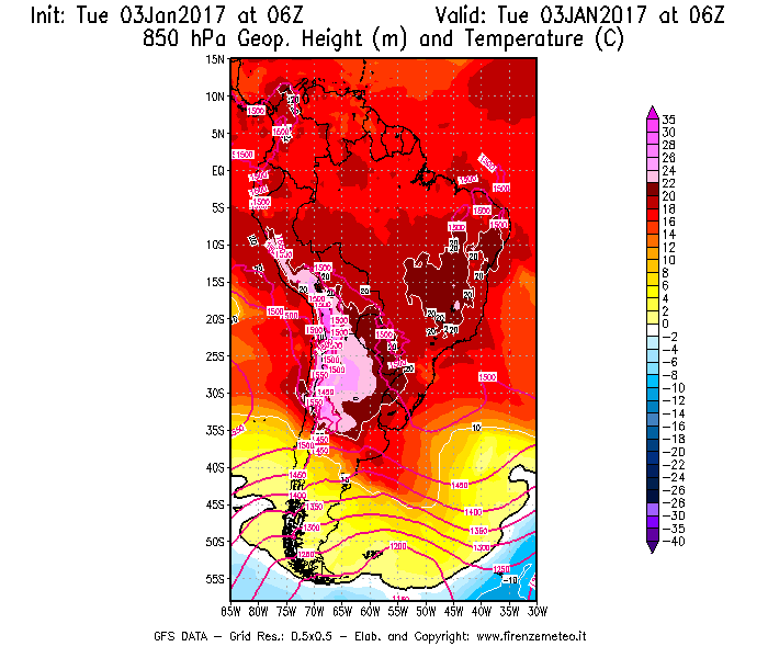 Mappa di analisi GFS - Geopotenziale [m] e Temperatura [°C] a 850 hPa in Sud-America
									del 03/01/2017 06 <!--googleoff: index-->UTC<!--googleon: index-->