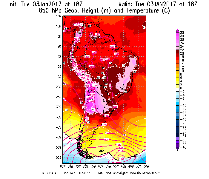 Mappa di analisi GFS - Geopotenziale [m] e Temperatura [°C] a 850 hPa in Sud-America
							del 03/01/2017 18 <!--googleoff: index-->UTC<!--googleon: index-->