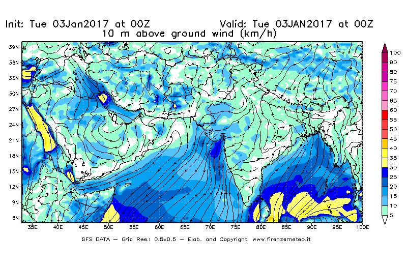Mappa di analisi GFS - Velocità del vento a 10 metri dal suolo [km/h] in Asia Sud-Occidentale
							del 03/01/2017 00 <!--googleoff: index-->UTC<!--googleon: index-->