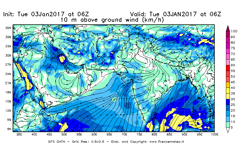 Mappa di analisi GFS - Velocità del vento a 10 metri dal suolo [km/h] in Asia Sud-Occidentale
									del 03/01/2017 06 <!--googleoff: index-->UTC<!--googleon: index-->