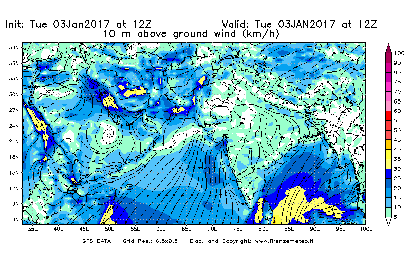 Mappa di analisi GFS - Velocità del vento a 10 metri dal suolo [km/h] in Asia Sud-Occidentale
							del 03/01/2017 12 <!--googleoff: index-->UTC<!--googleon: index-->