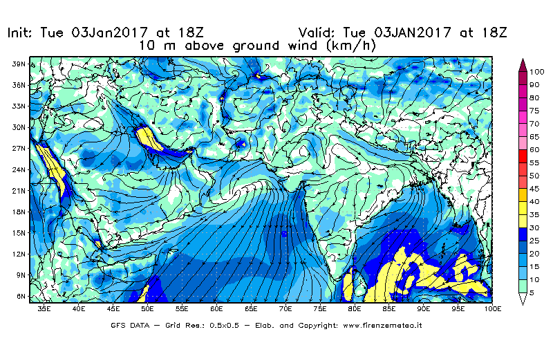 Mappa di analisi GFS - Velocità del vento a 10 metri dal suolo [km/h] in Asia Sud-Occidentale
							del 03/01/2017 18 <!--googleoff: index-->UTC<!--googleon: index-->