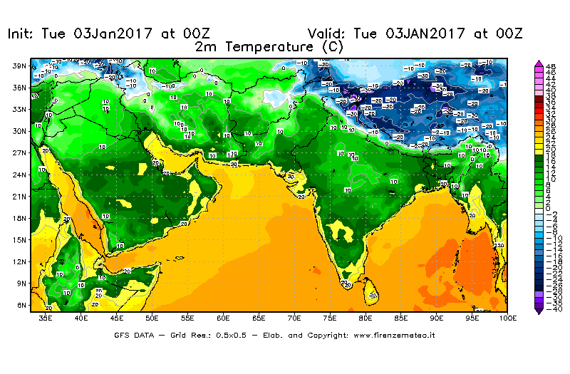 Mappa di analisi GFS - Temperatura a 2 metri dal suolo [°C] in Asia Sud-Occidentale
							del 03/01/2017 00 <!--googleoff: index-->UTC<!--googleon: index-->