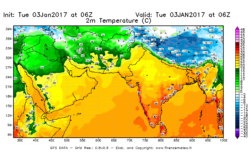 Mappa di analisi GFS - Temperatura a 2 metri dal suolo [°C] in Asia Sud-Occidentale
							del 03/01/2017 06 <!--googleoff: index-->UTC<!--googleon: index-->