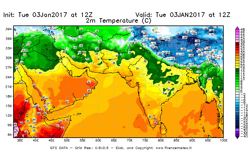 Mappa di analisi GFS - Temperatura a 2 metri dal suolo [°C] in Asia Sud-Occidentale
									del 03/01/2017 12 <!--googleoff: index-->UTC<!--googleon: index-->