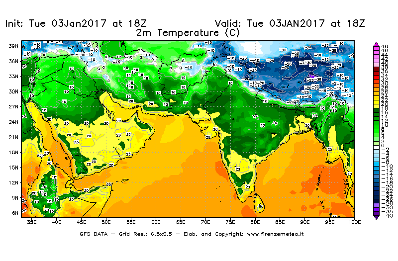 Mappa di analisi GFS - Temperatura a 2 metri dal suolo [°C] in Asia Sud-Occidentale
							del 03/01/2017 18 <!--googleoff: index-->UTC<!--googleon: index-->