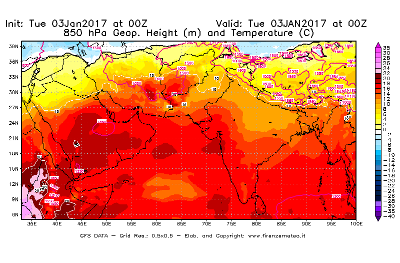 Mappa di analisi GFS - Geopotenziale [m] e Temperatura [°C] a 850 hPa in Asia Sud-Occidentale
							del 03/01/2017 00 <!--googleoff: index-->UTC<!--googleon: index-->