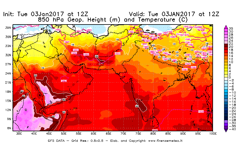 Mappa di analisi GFS - Geopotenziale [m] e Temperatura [°C] a 850 hPa in Asia Sud-Occidentale
							del 03/01/2017 12 <!--googleoff: index-->UTC<!--googleon: index-->