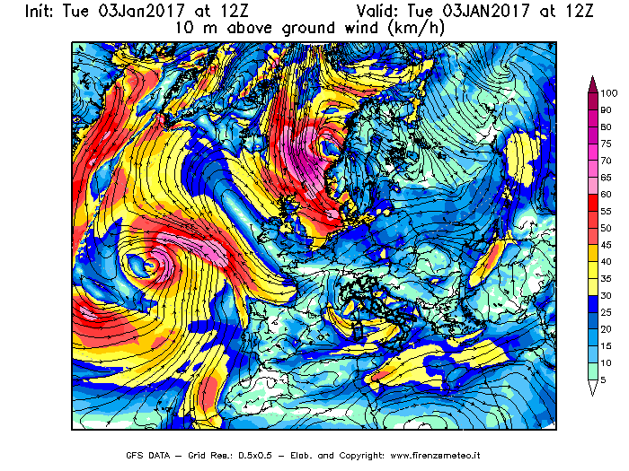 Mappa di analisi GFS - Velocità del vento a 10 metri dal suolo [km/h] in Europa
							del 03/01/2017 12 <!--googleoff: index-->UTC<!--googleon: index-->