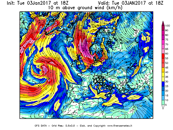 Mappa di analisi GFS - Velocità del vento a 10 metri dal suolo [km/h] in Europa
							del 03/01/2017 18 <!--googleoff: index-->UTC<!--googleon: index-->