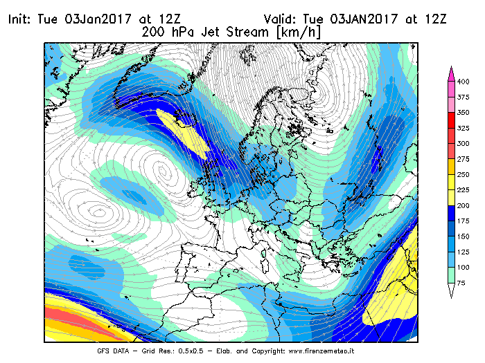 Mappa di analisi GFS - Jet Stream a 200 hPa in Europa
							del 03/01/2017 12 <!--googleoff: index-->UTC<!--googleon: index-->