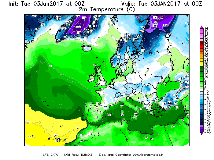 Mappa di analisi GFS - Temperatura a 2 metri dal suolo [°C] in Europa
									del 03/01/2017 00 <!--googleoff: index-->UTC<!--googleon: index-->