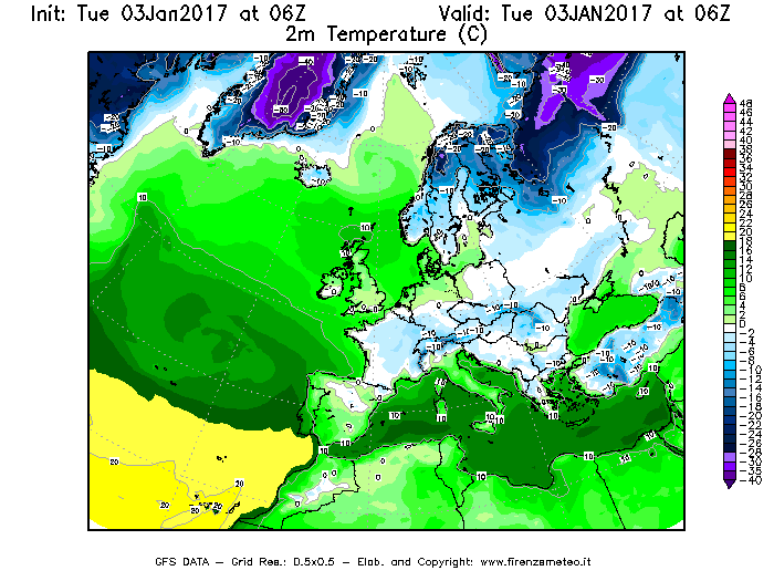 Mappa di analisi GFS - Temperatura a 2 metri dal suolo [°C] in Europa
							del 03/01/2017 06 <!--googleoff: index-->UTC<!--googleon: index-->