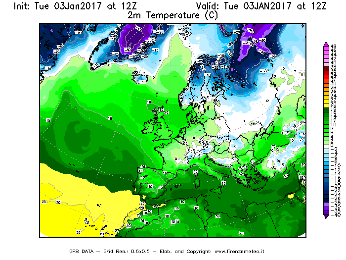 Mappa di analisi GFS - Temperatura a 2 metri dal suolo [°C] in Europa
							del 03/01/2017 12 <!--googleoff: index-->UTC<!--googleon: index-->