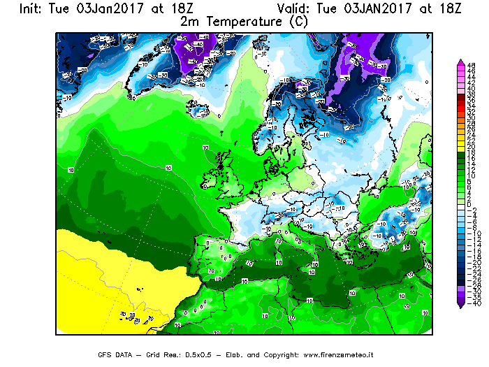 Mappa di analisi GFS - Temperatura a 2 metri dal suolo [°C] in Europa
							del 03/01/2017 18 <!--googleoff: index-->UTC<!--googleon: index-->