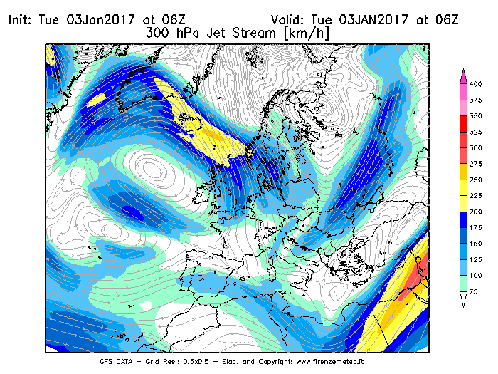 Mappa di analisi GFS - Jet Stream a 300 hPa in Europa
							del 03/01/2017 06 <!--googleoff: index-->UTC<!--googleon: index-->
