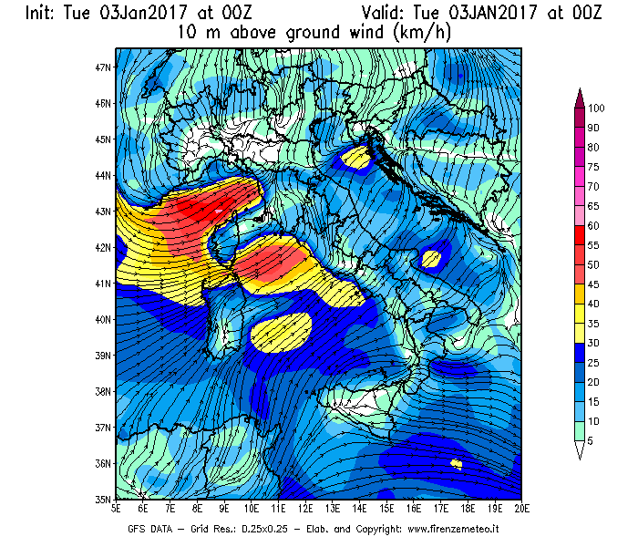 Mappa di analisi GFS - Velocità del vento a 10 metri dal suolo [km/h] in Italia
									del 03/01/2017 00 <!--googleoff: index-->UTC<!--googleon: index-->