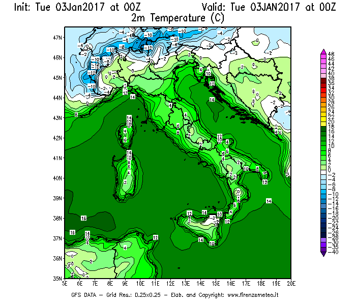 Mappa di analisi GFS - Temperatura a 2 metri dal suolo [°C] in Italia
									del 03/01/2017 00 <!--googleoff: index-->UTC<!--googleon: index-->