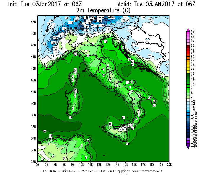 Mappa di analisi GFS - Temperatura a 2 metri dal suolo [°C] in Italia
							del 03/01/2017 06 <!--googleoff: index-->UTC<!--googleon: index-->