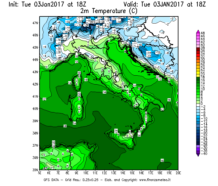 Mappa di analisi GFS - Temperatura a 2 metri dal suolo [°C] in Italia
							del 03/01/2017 18 <!--googleoff: index-->UTC<!--googleon: index-->