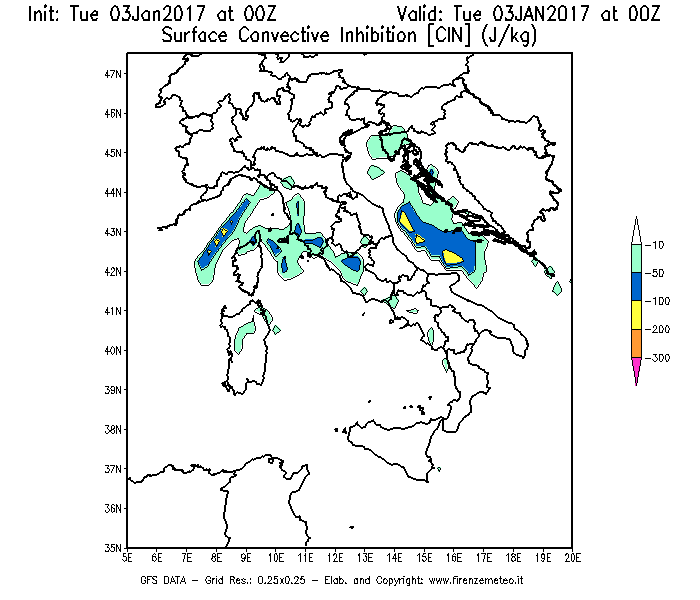 Mappa di analisi GFS - CIN [J/kg] in Italia
							del 03/01/2017 00 <!--googleoff: index-->UTC<!--googleon: index-->