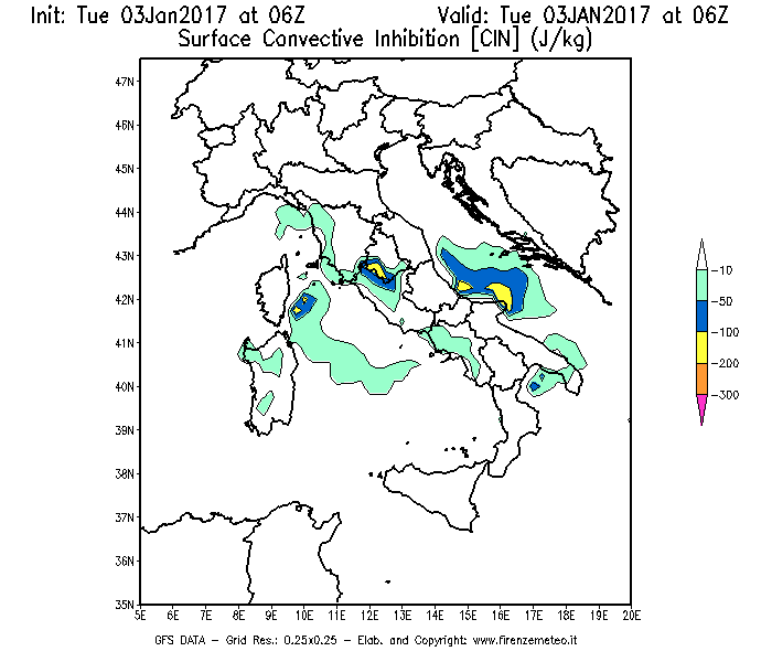 Mappa di analisi GFS - CIN [J/kg] in Italia
							del 03/01/2017 06 <!--googleoff: index-->UTC<!--googleon: index-->