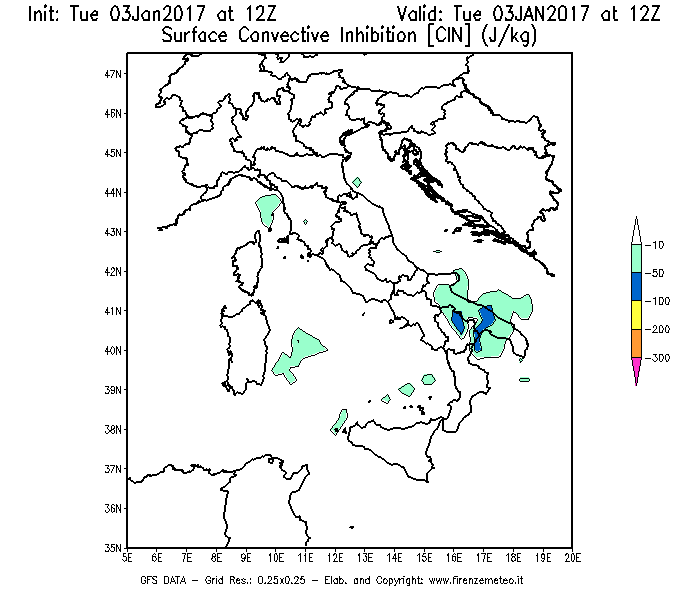Mappa di analisi GFS - CIN [J/kg] in Italia
							del 03/01/2017 12 <!--googleoff: index-->UTC<!--googleon: index-->