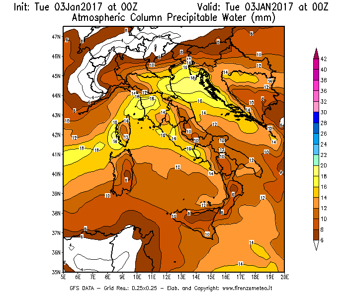Mappa di analisi GFS - Precipitable Water [mm] in Italia
							del 03/01/2017 00 <!--googleoff: index-->UTC<!--googleon: index-->