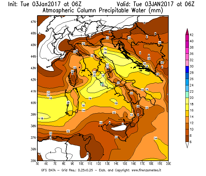 Mappa di analisi GFS - Precipitable Water [mm] in Italia
							del 03/01/2017 06 <!--googleoff: index-->UTC<!--googleon: index-->
