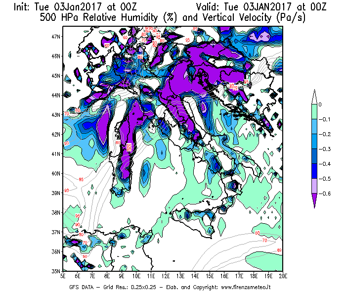 Mappa di analisi GFS - Umidità relativa [%] e Omega [Pa/s] a 500 hPa in Italia
							del 03/01/2017 00 <!--googleoff: index-->UTC<!--googleon: index-->