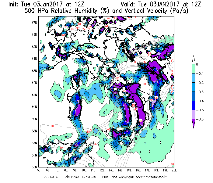 Mappa di analisi GFS - Umidità relativa [%] e Omega [Pa/s] a 500 hPa in Italia
							del 03/01/2017 12 <!--googleoff: index-->UTC<!--googleon: index-->