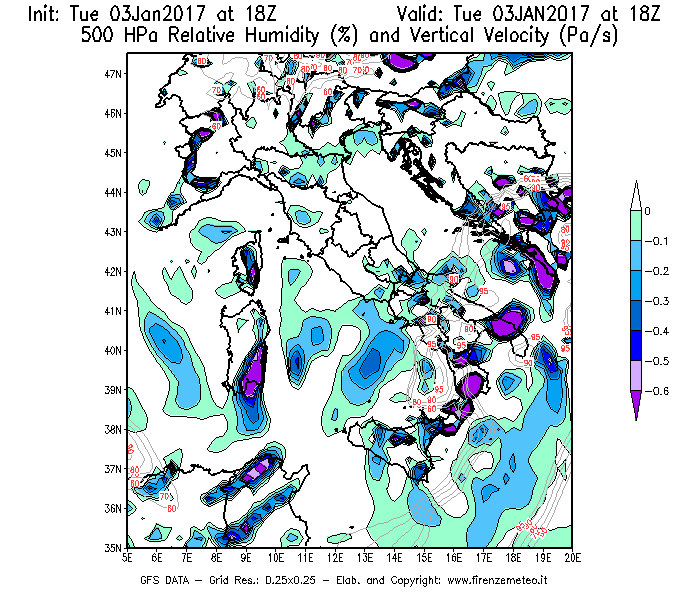Mappa di analisi GFS - Umidità relativa [%] e Omega [Pa/s] a 500 hPa in Italia
							del 03/01/2017 18 <!--googleoff: index-->UTC<!--googleon: index-->