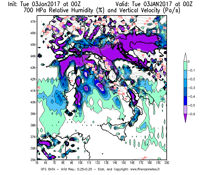 Mappa di analisi GFS - Umidità relativa [%] e Omega [Pa/s] a 700 hPa in Italia
							del 03/01/2017 00 <!--googleoff: index-->UTC<!--googleon: index-->