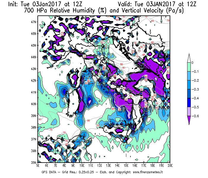 Mappa di analisi GFS - Umidità relativa [%] e Omega [Pa/s] a 700 hPa in Italia
							del 03/01/2017 12 <!--googleoff: index-->UTC<!--googleon: index-->