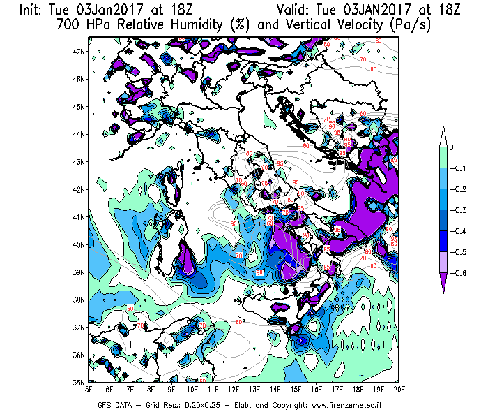 Mappa di analisi GFS - Umidità relativa [%] e Omega [Pa/s] a 700 hPa in Italia
							del 03/01/2017 18 <!--googleoff: index-->UTC<!--googleon: index-->