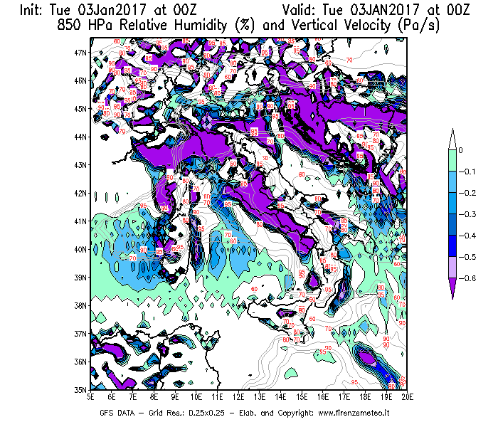 Mappa di analisi GFS - Umidità relativa [%] e Omega [Pa/s] a 850 hPa in Italia
									del 03/01/2017 00 <!--googleoff: index-->UTC<!--googleon: index-->
