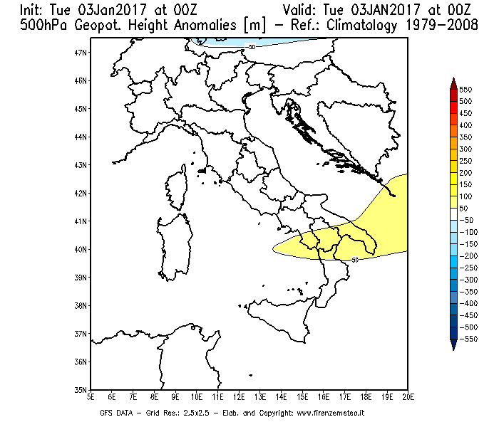Mappa di analisi GFS - Anomalia di Geopotenziale a 500 hPa in Italia
									del 03/01/2017 00 <!--googleoff: index-->UTC<!--googleon: index-->
