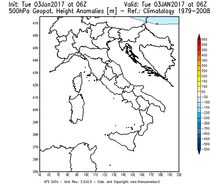 Mappa di analisi GFS - Anomalia di Geopotenziale a 500 hPa in Italia
									del 03/01/2017 06 <!--googleoff: index-->UTC<!--googleon: index-->