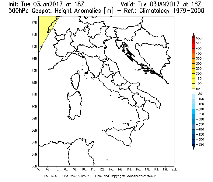 Mappa di analisi GFS - Anomalia di Geopotenziale a 500 hPa in Italia
							del 03/01/2017 18 <!--googleoff: index-->UTC<!--googleon: index-->