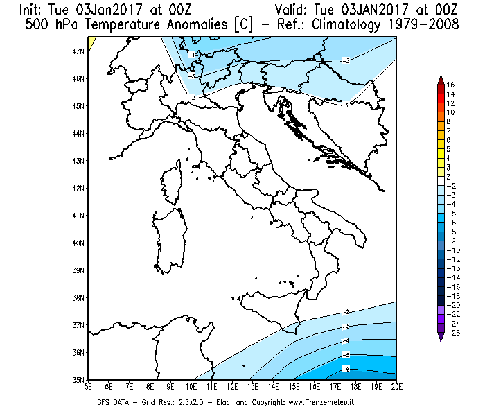 Mappa di analisi GFS - Anomalia Temperatura [°C] a 500 hPa in Italia
									del 03/01/2017 00 <!--googleoff: index-->UTC<!--googleon: index-->